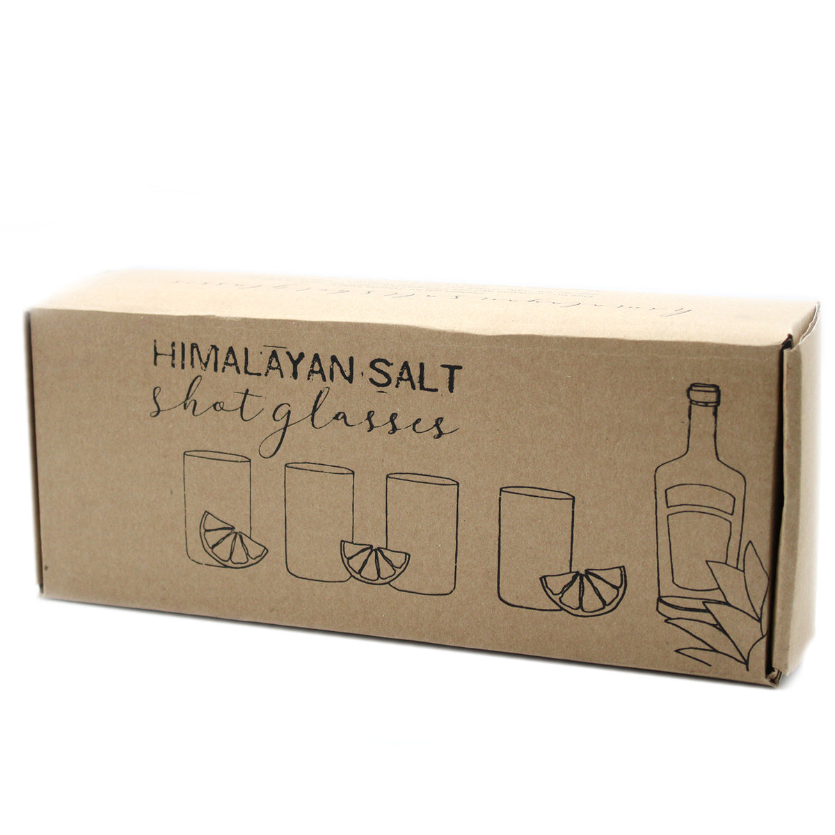 A set of four Himalayan salt shot glasses on a wooden tray, with each glass containing a small amount of pink Himalayan salt'.