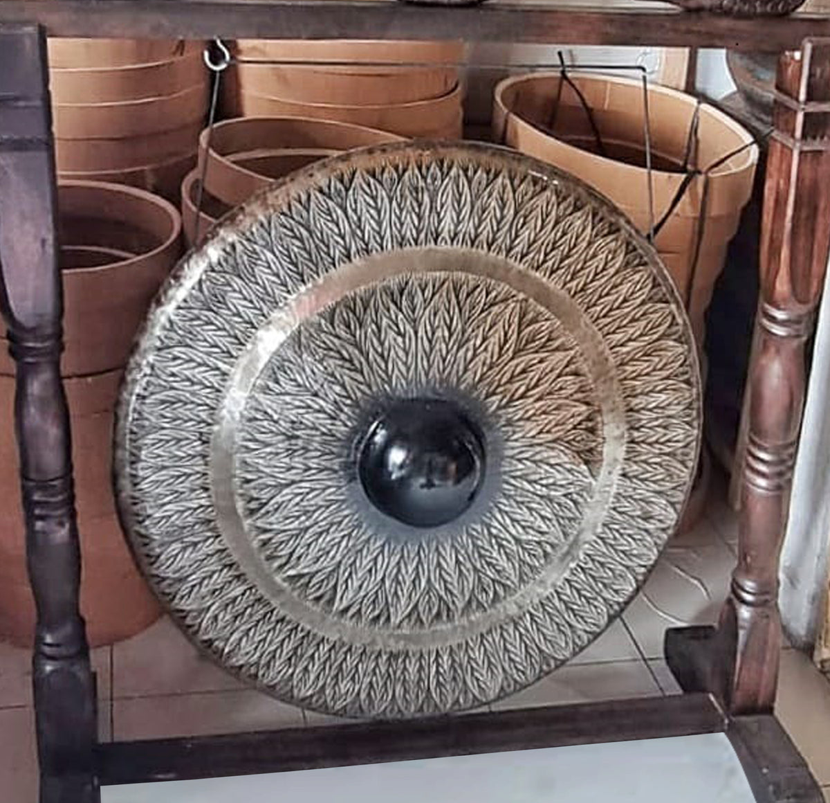 Antique Style Brown Patterned Gong - Artfully Curated Creations and identify whats in the image
